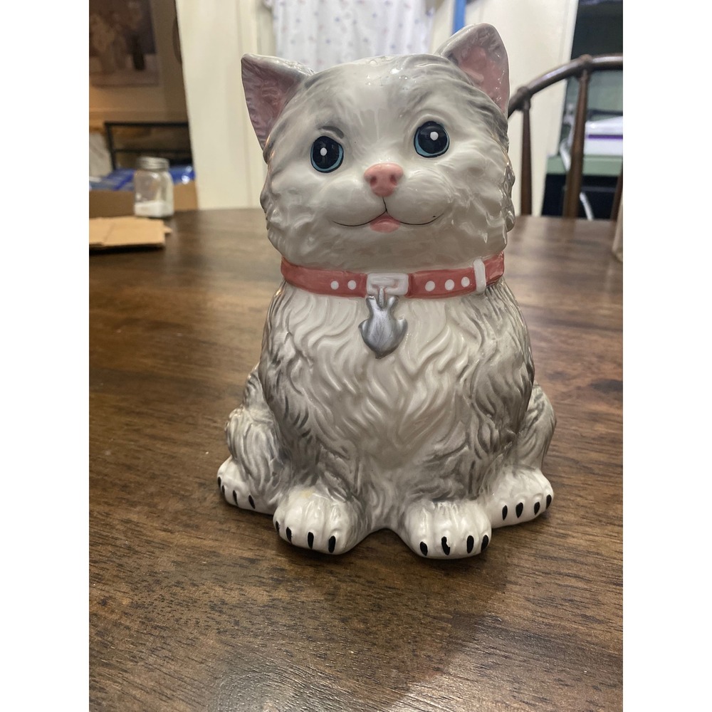Westland Giftware Ceramic Cat Coin Bank Grey White Pink Collar Fish Charm - Picture 2 of 6